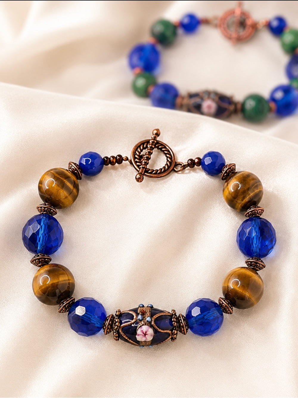 Wedding Cake Focal, Tiger’s Eye & Faceted Cobalt Crystal & Copper Clasp Bracelet